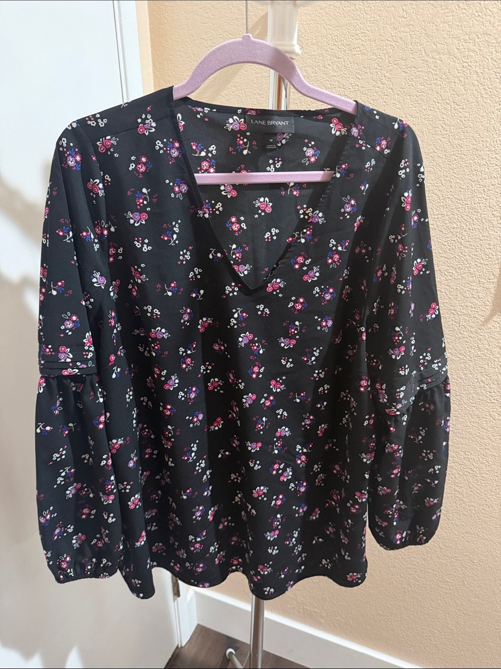 Lane Bryant Black Floral V-Neck Blouse with Pink & Purple Blossoms